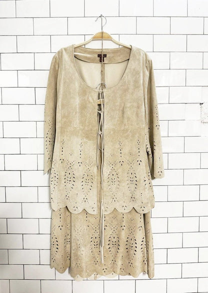 vintage danier lamb suede boho laser cut jacket + skirt set - good market thrift store