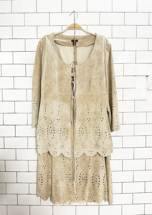 vintage danier lamb suede boho laser cut jacket + skirt set - good market thrift store