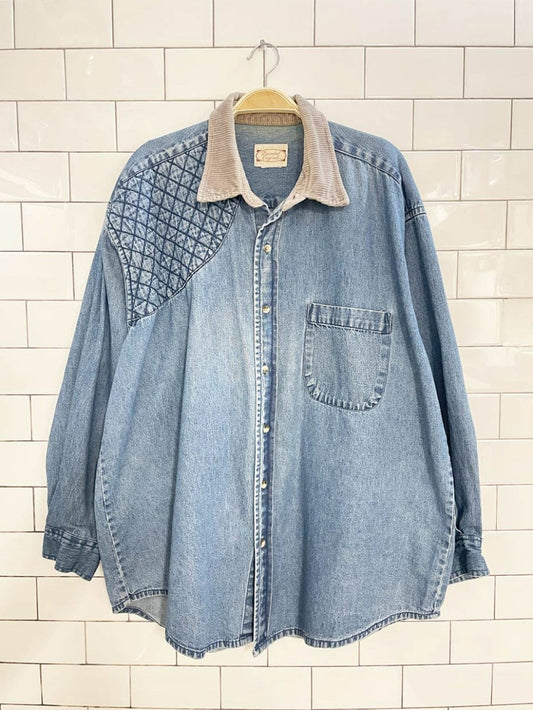 vintage decorated originals corduroy collar quilted denim shirt - good market thrift store