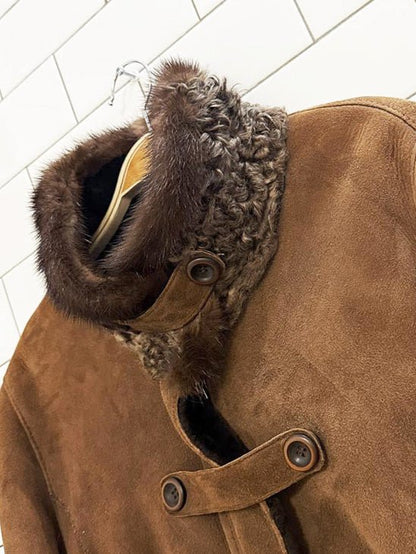 vintage dominic bellissimo lamb shearling snap button coat with mink + persian lamb trim - good market thrift store