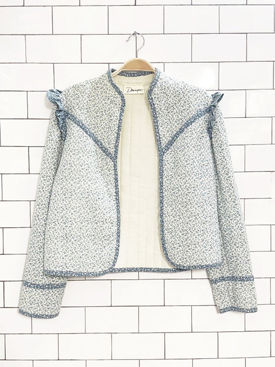 vintage dominique quilted floral ruffle shoulder open light jacket - good market thrift store