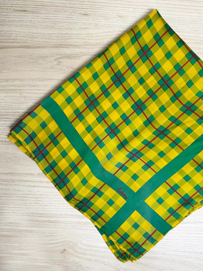 vintage echo 100% silk hand - rolled edge plaid scarf - good market thrift store