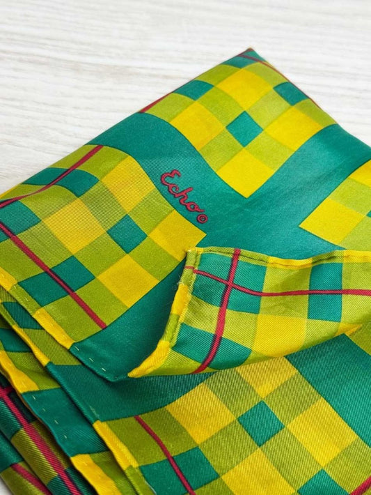 vintage echo 100% silk hand - rolled edge plaid scarf - good market thrift store