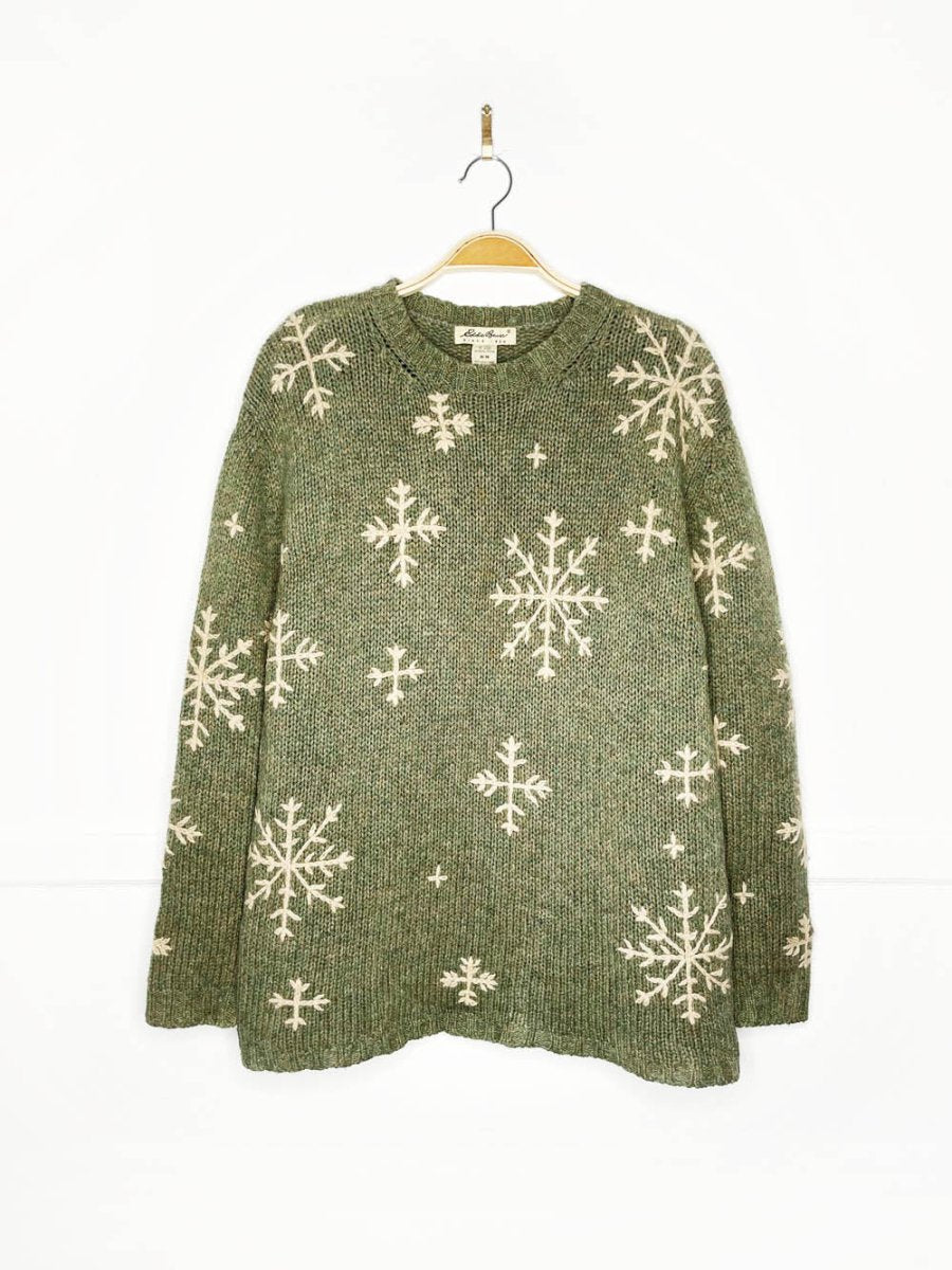 vintage eddie bauer 100% wool snowflakes earth - tone knit sweater - good market thrift store