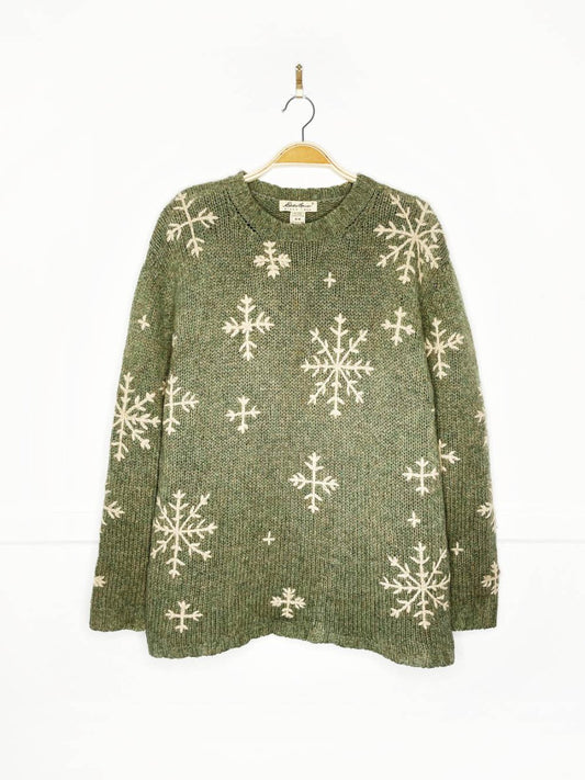 vintage eddie bauer 100% wool snowflakes earth - tone knit sweater - good market thrift store