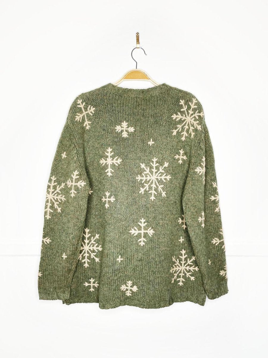 vintage eddie bauer 100% wool snowflakes earth - tone knit sweater - good market thrift store