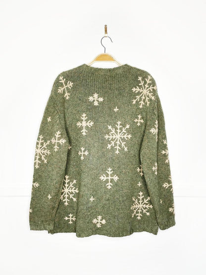 vintage eddie bauer 100% wool snowflakes earth - tone knit sweater - good market thrift store