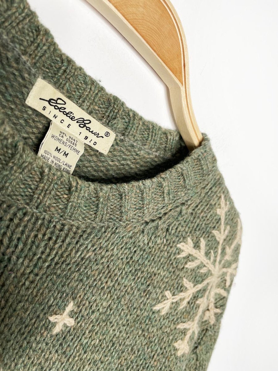 vintage eddie bauer 100% wool snowflakes earth - tone knit sweater - good market thrift store