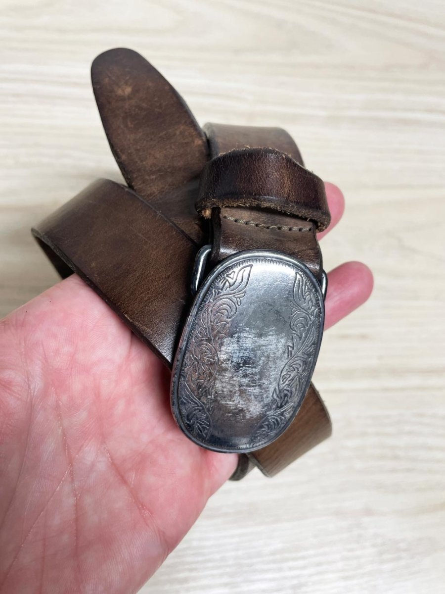vintage eddie bauer leather belt w silver belt buckle | made in USA - good market thrift store
