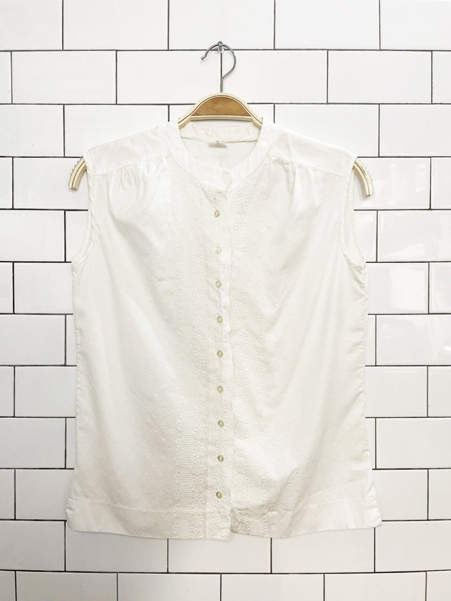vintage elite flower embroidered sleeveless full button shirt - good market thrift store