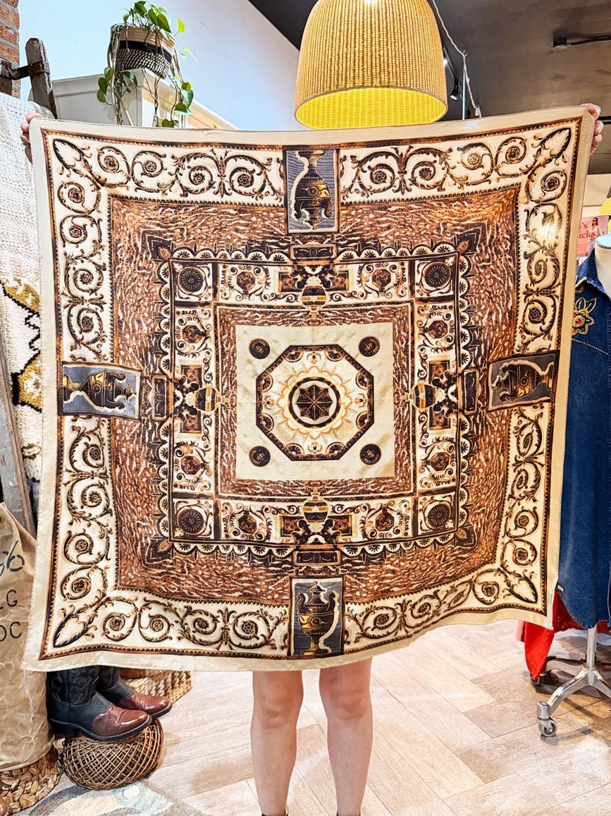 vintage ellen tracy 100% silk gold painted xl square scarf - good market thrift store