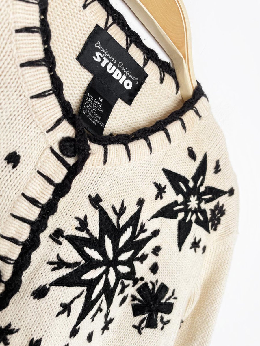 vintage embroidered skaters + snow blanket stitch knit cardigan | designers originals studio - good market thrift store