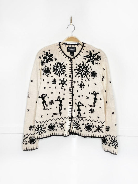 vintage embroidered skaters + snow blanket stitch knit cardigan | designers originals studio - good market thrift store