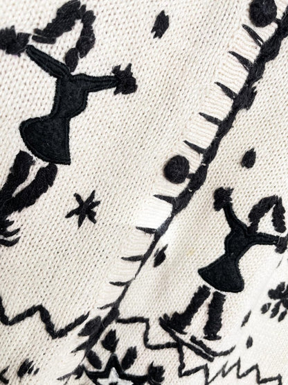 vintage embroidered skaters + snow blanket stitch knit cardigan | designers originals studio - good market thrift store