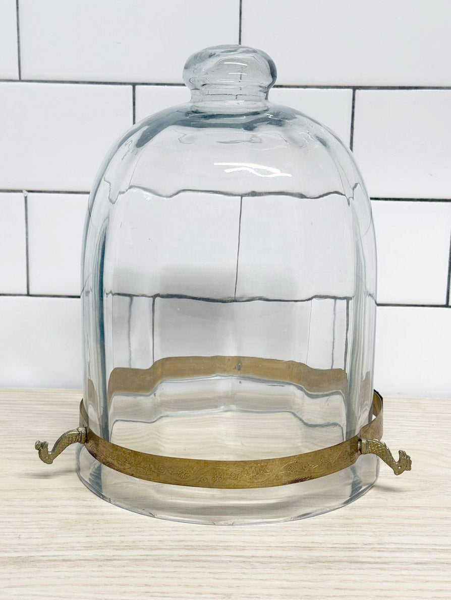 vintage engraved metal bell dome glass cloche | storm lantern - good market thrift store