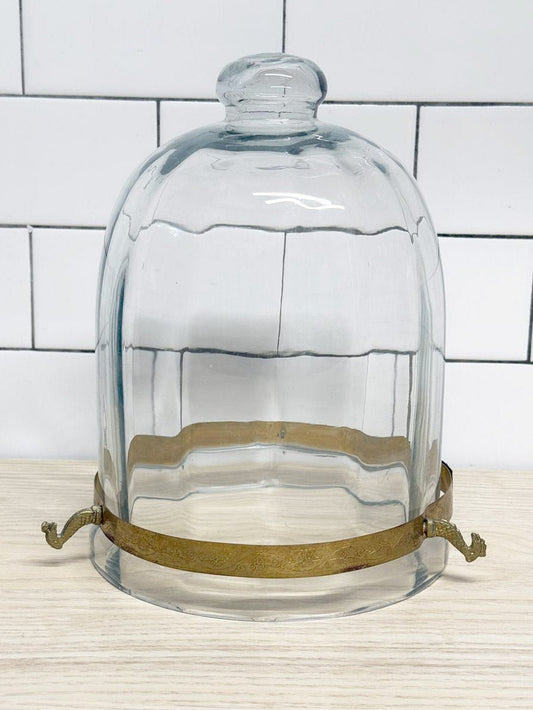 vintage engraved metal bell dome glass cloche | storm lantern - good market thrift store