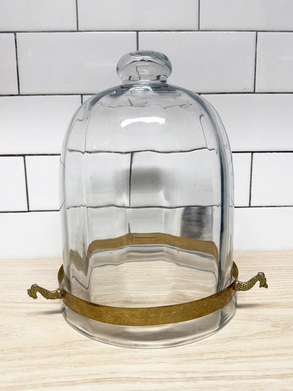 vintage engraved metal bell dome glass cloche | storm lantern - good market thrift store