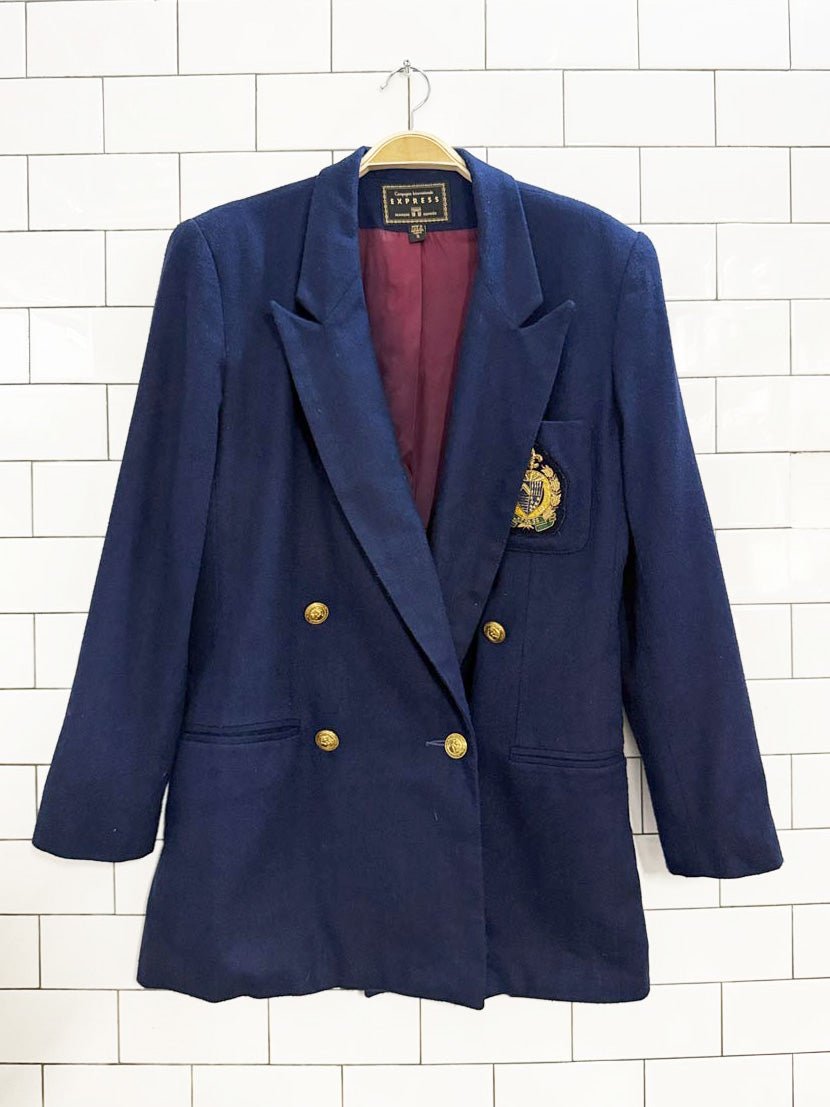 vintage express wool - blend beaded crest pocket double breasted blazer | made in USA - good market thrift store