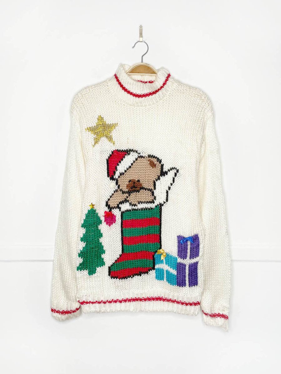 vintage far & near teddy bear stocking knit sweater - good market thrift store