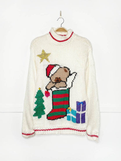 vintage far & near teddy bear stocking knit sweater - good market thrift store