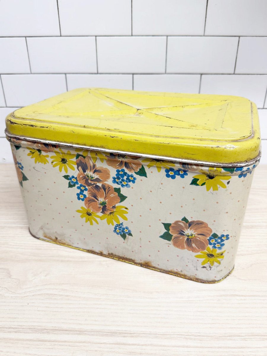 vintage floral polka dot tin bread box - good market thrift store