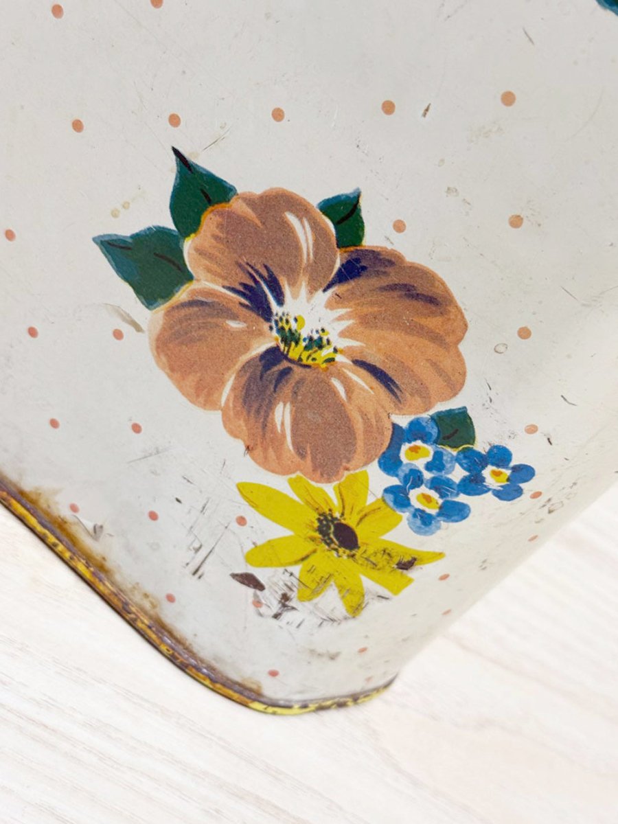 vintage floral polka dot tin bread box - good market thrift store