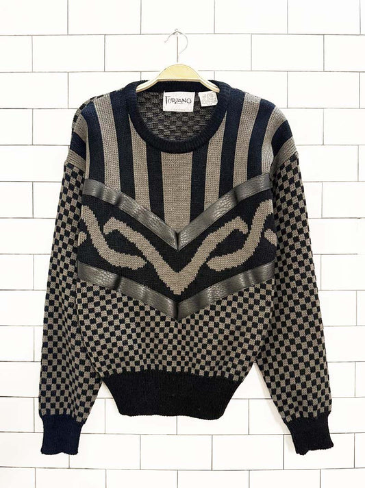 vintage forzano out of italy check leatherette detail knit sweater - good market thrift store