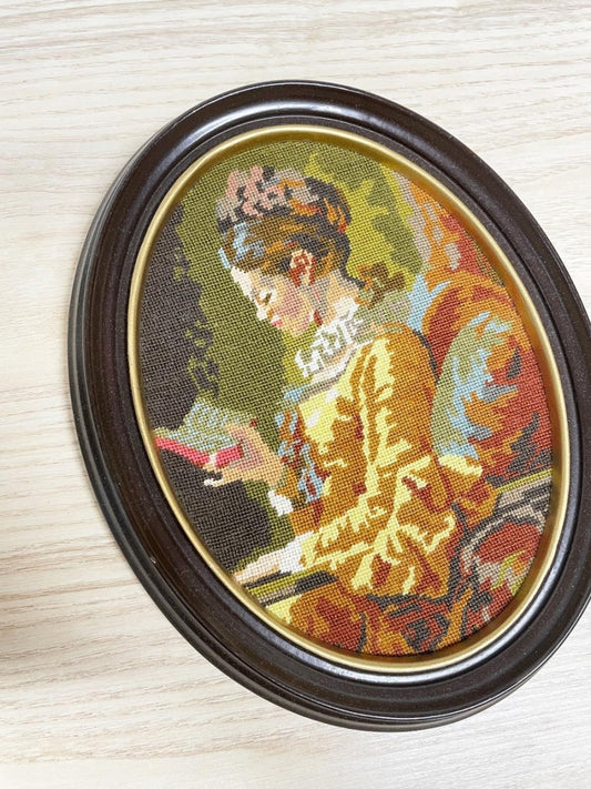 vintage framed needlepoint 19th century girl oval art - good market thrift store