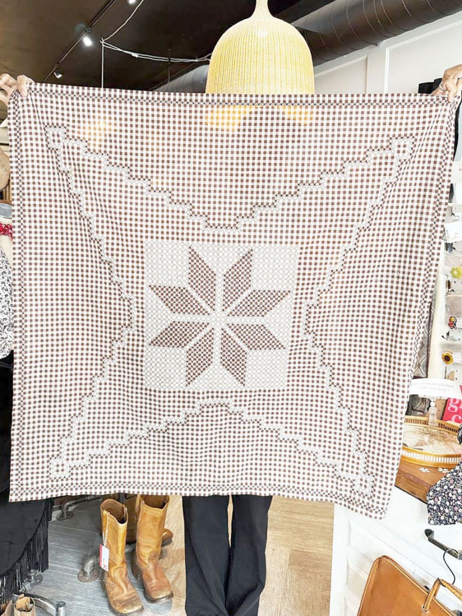 vintage ginham cross stitch quilt star small table cloth - good market thrift store