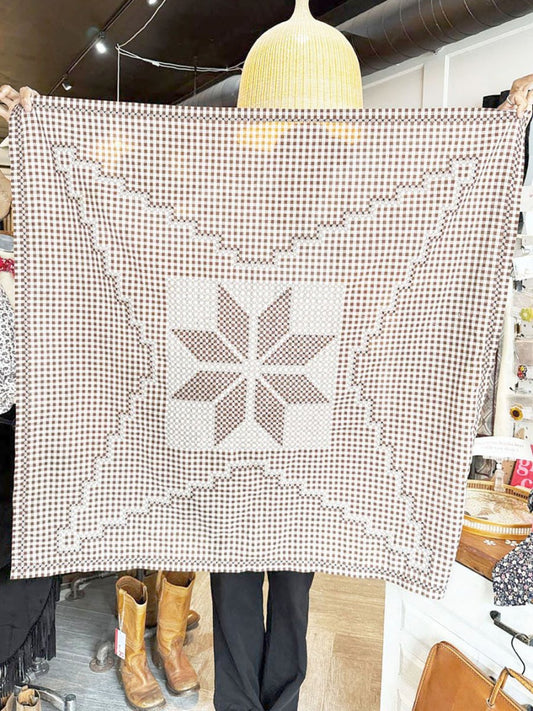 vintage ginham cross stitch quilt star small table cloth - good market thrift store