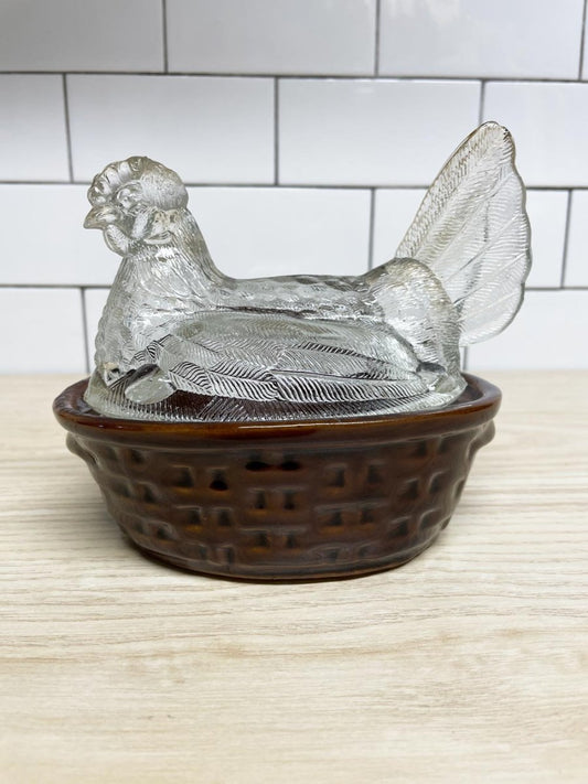 vintage glass hen on a nest butter dish | farmhouse cottagecore | made in taiwan - good market thrift store