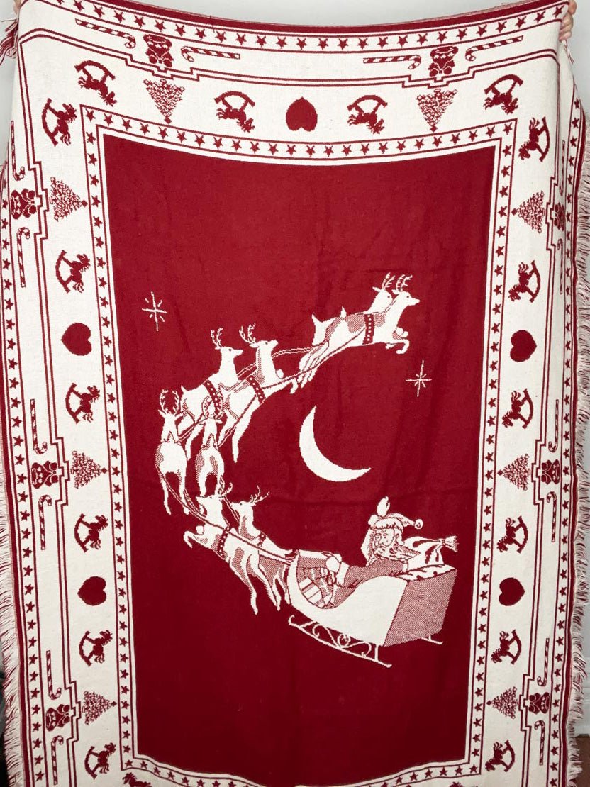 vintage goodwin weavers santas sleigh + reindeer throw blanket | made in USA - good market thrift store