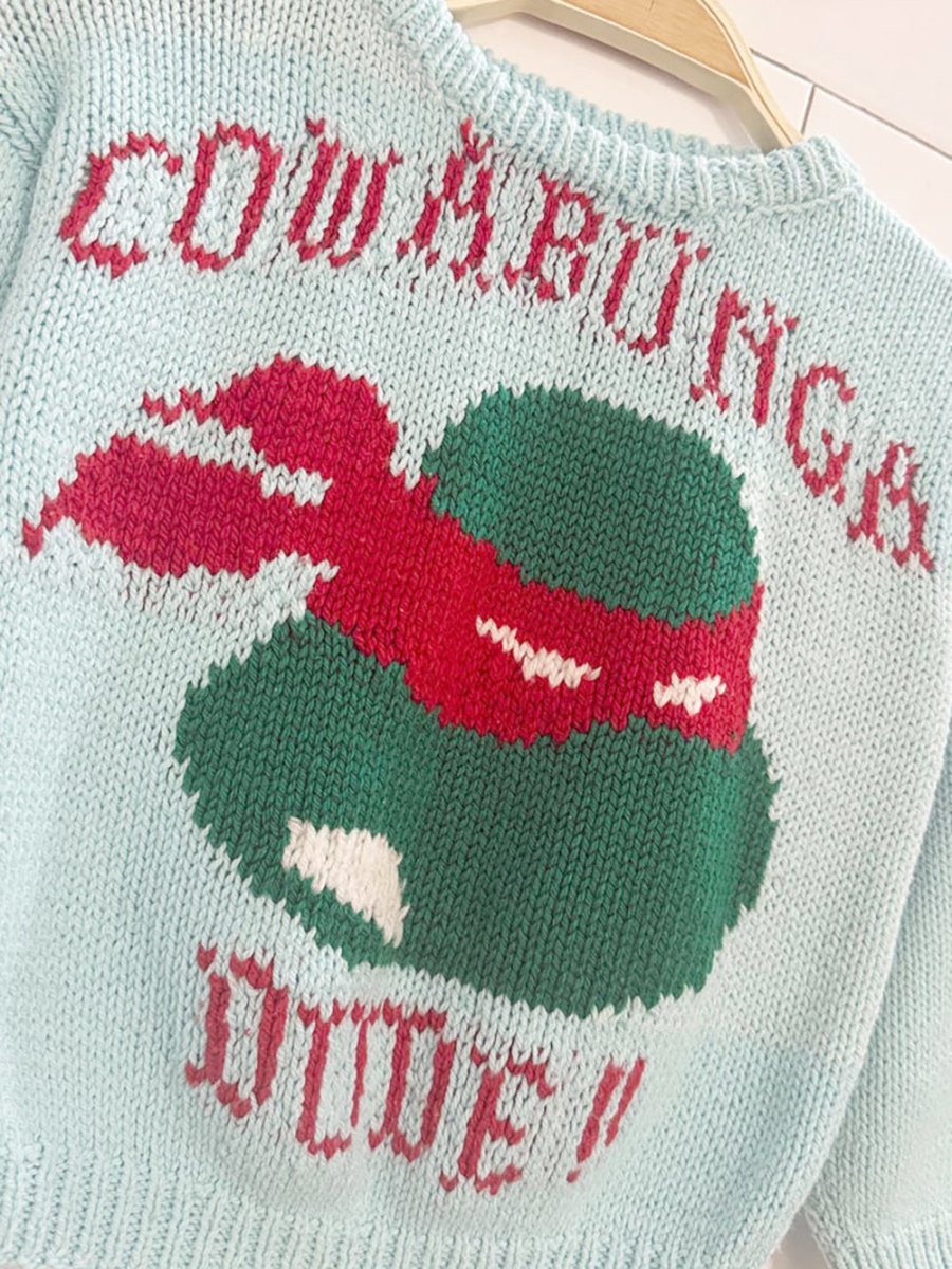 vintage hand - knit teenage mutant ninja turtles cowabunga dude sweater - good market thrift store