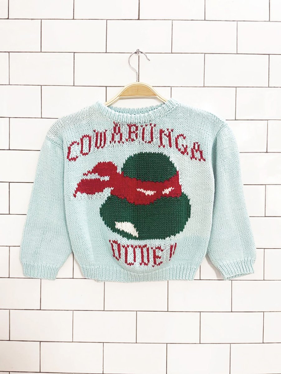 vintage hand - knit teenage mutant ninja turtles cowabunga dude sweater - good market thrift store