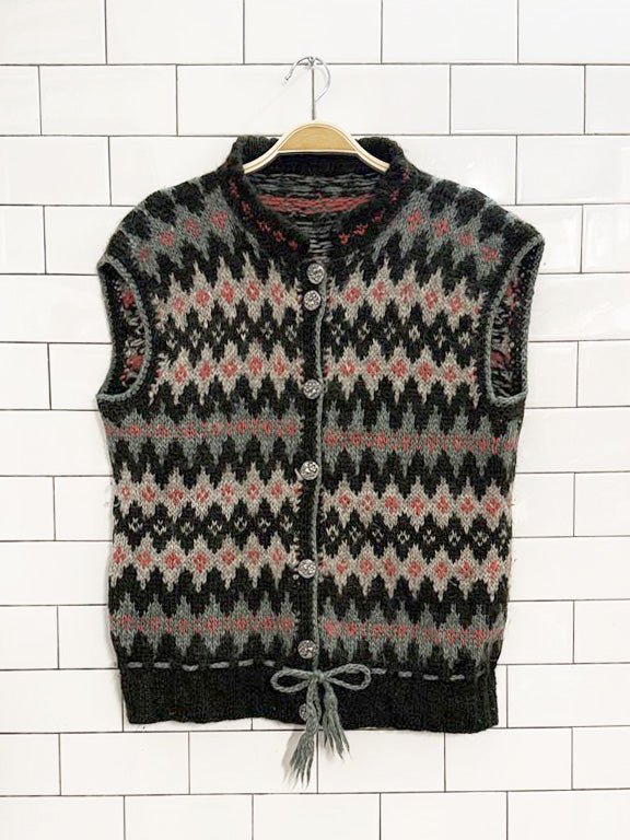 vintage hand - knit wool - mohair nordic fair isle drawstring sweater vest - good market thrift store