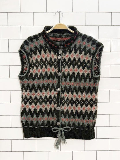 vintage hand - knit wool - mohair nordic fair isle drawstring sweater vest - good market thrift store