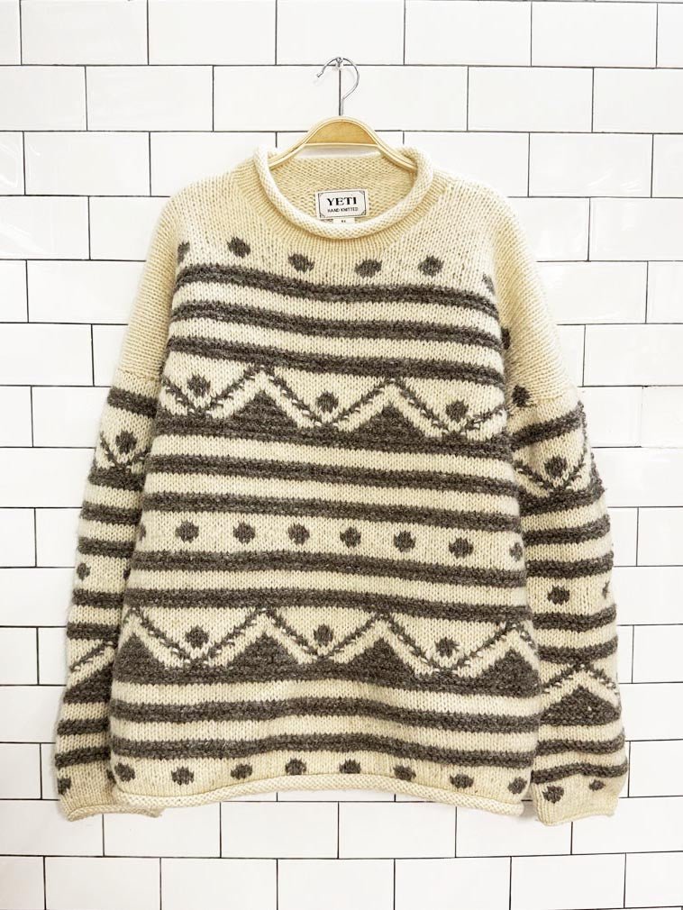 vintage hand - knit yeti 100% wool fair isle sweater - good market thrift store
