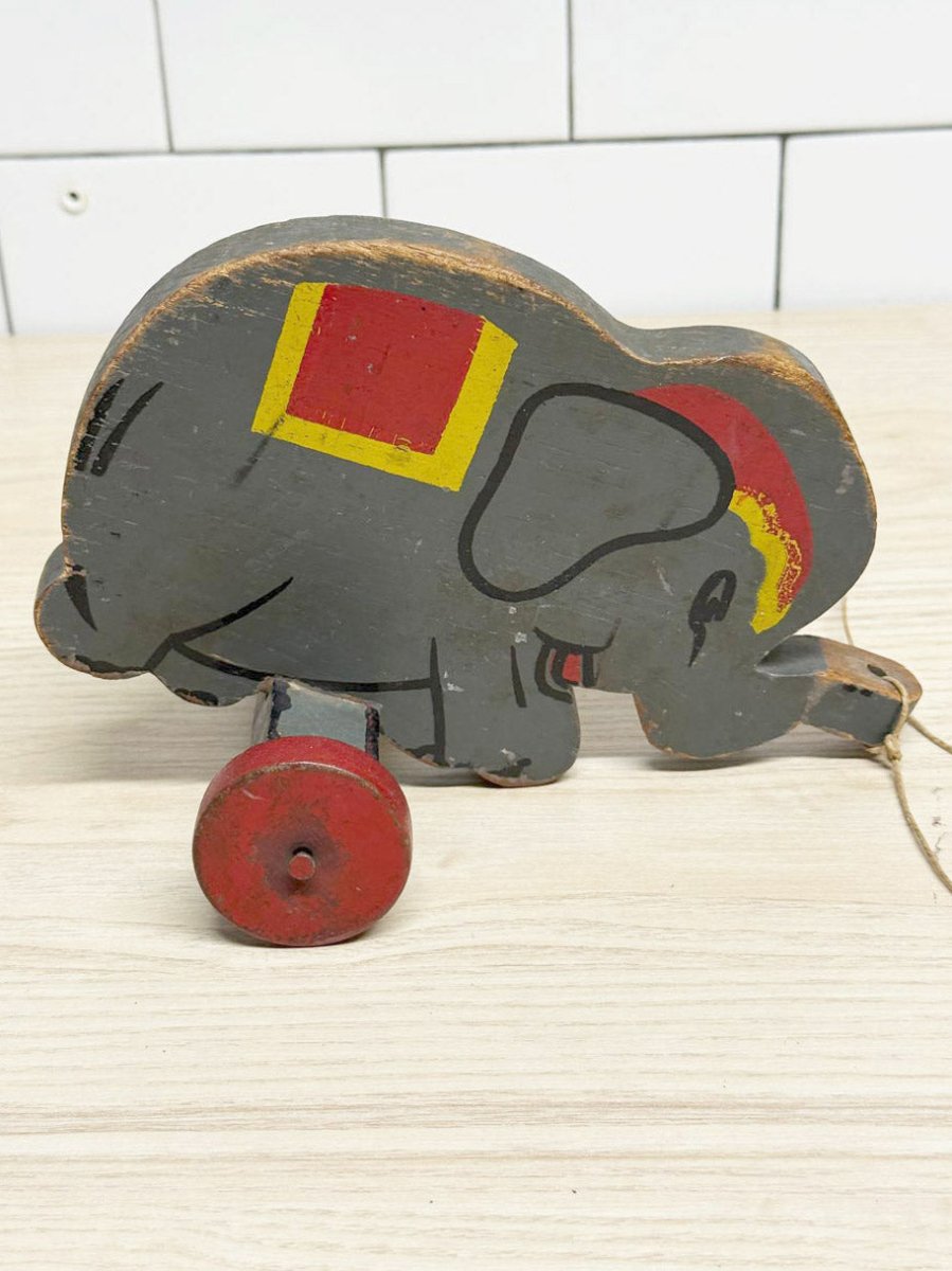 vintage hand - painted wood elephant pull toy - good market thrift store