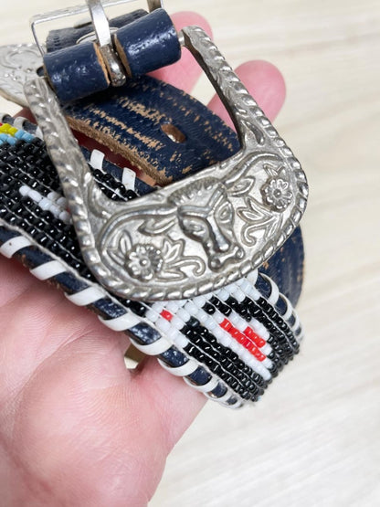 vintage handmade beaded western leather belt - good market thrift store