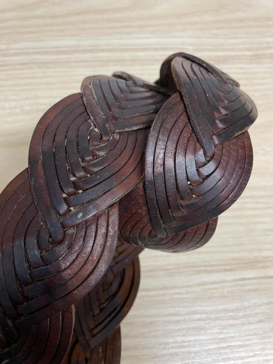 vintage handmade boho woven leather belt w silver + bone buckle - good market thrift store