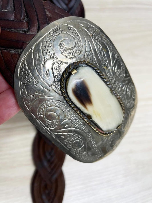 vintage handmade boho woven leather belt w silver + bone buckle - good market thrift store