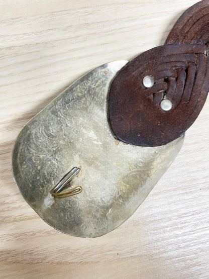 vintage handmade boho woven leather belt w silver + bone buckle - good market thrift store