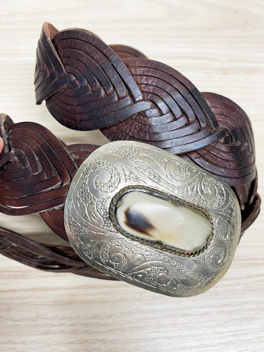 vintage handmade boho woven leather belt w silver + bone buckle - good market thrift store