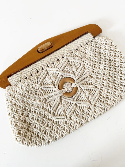vintage handmade crochet knit wood handle clutch - good market thrift store