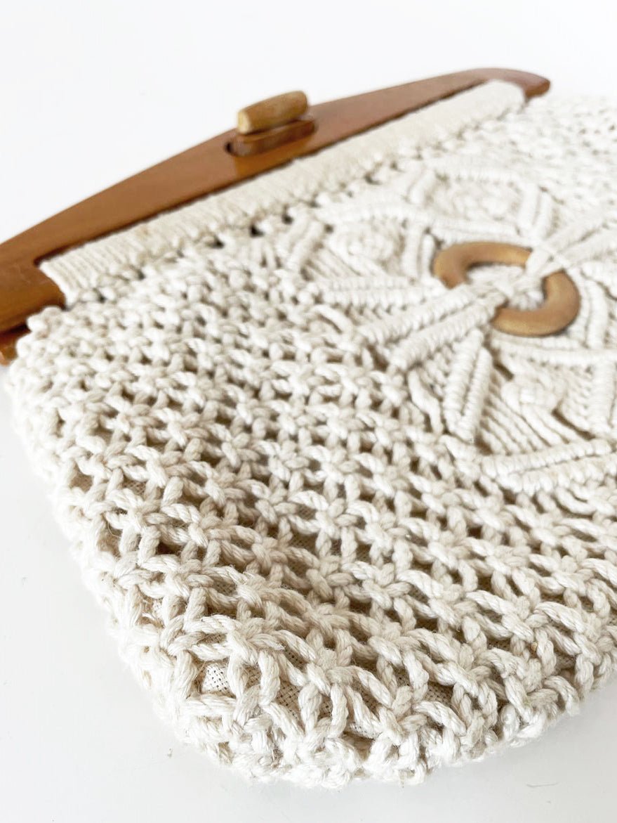 vintage handmade crochet knit wood handle clutch - good market thrift store
