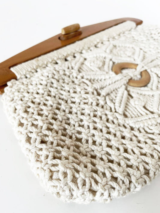 vintage handmade crochet knit wood handle clutch - good market thrift store