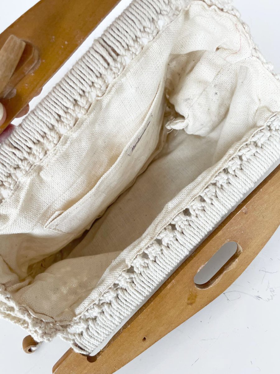 vintage handmade crochet knit wood handle clutch - good market thrift store
