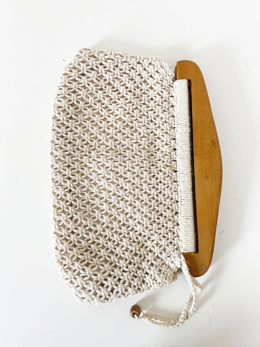 vintage handmade crochet knit wood handle clutch - good market thrift store