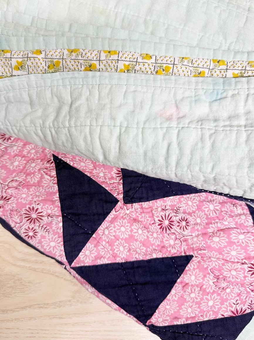 vintage handmade geometric pattern lemon design quilt - good market thrift store