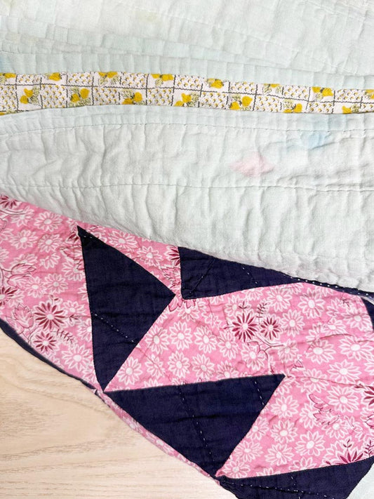 vintage handmade geometric pattern lemon design quilt - good market thrift store